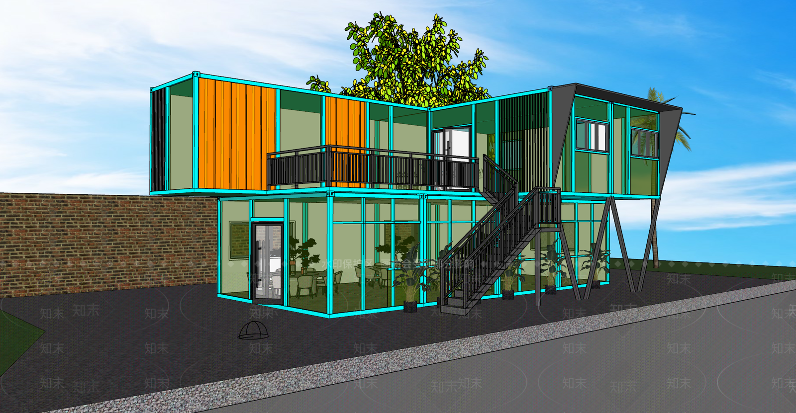 工业集装箱餐饮建筑SU模型下载【ID:1145150193】
