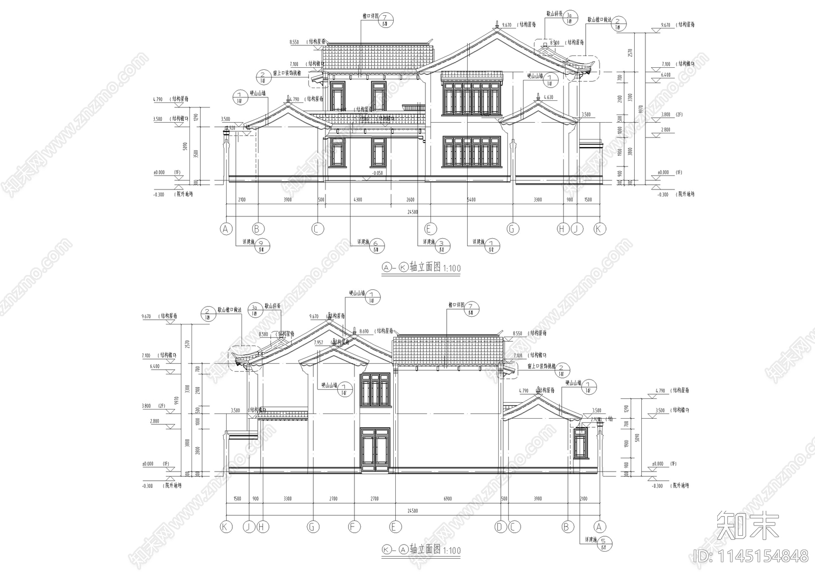 北方中式合院别墅cad施工图下载【ID:1145154848】