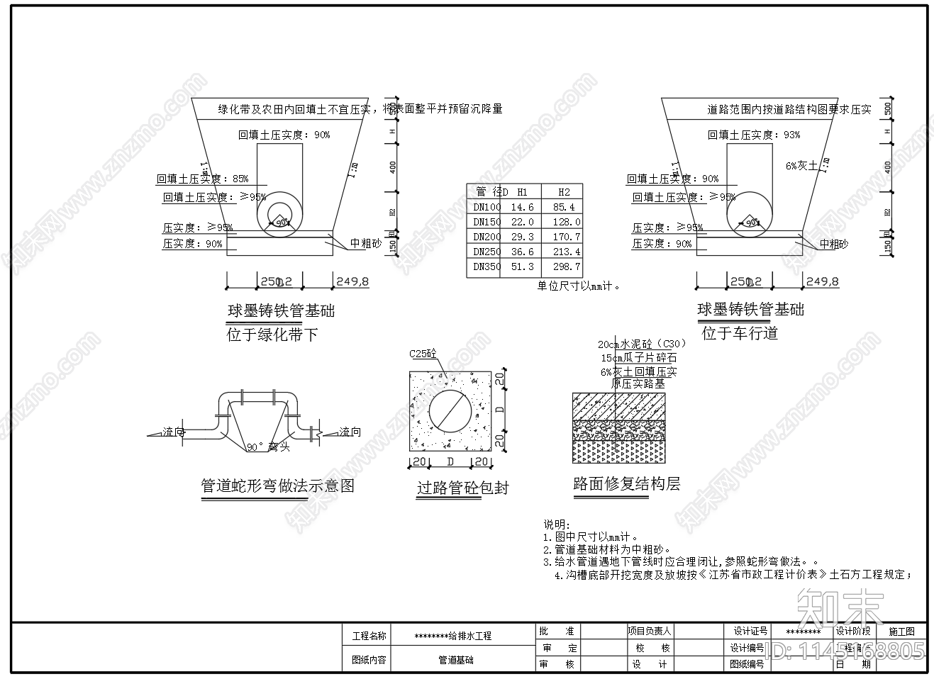 给水管道基础过河支墩设计图cad施工图下载【ID:1145168805】