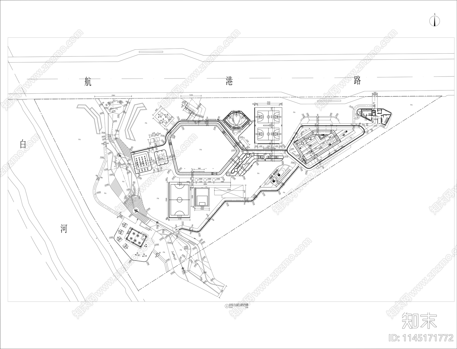 全民运动休闲公园景观平面cad施工图下载【ID:1145171772】