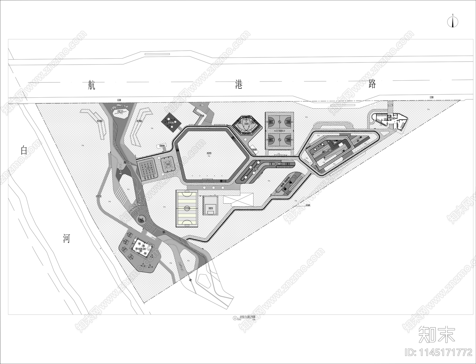 全民运动休闲公园景观平面cad施工图下载【ID:1145171772】