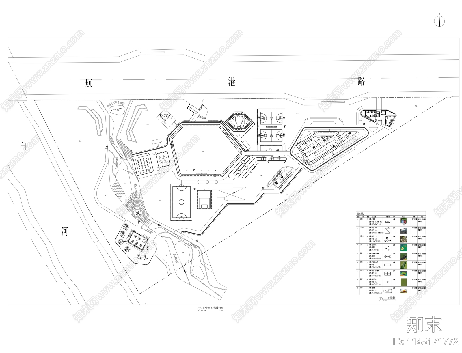 全民运动休闲公园景观平面cad施工图下载【ID:1145171772】