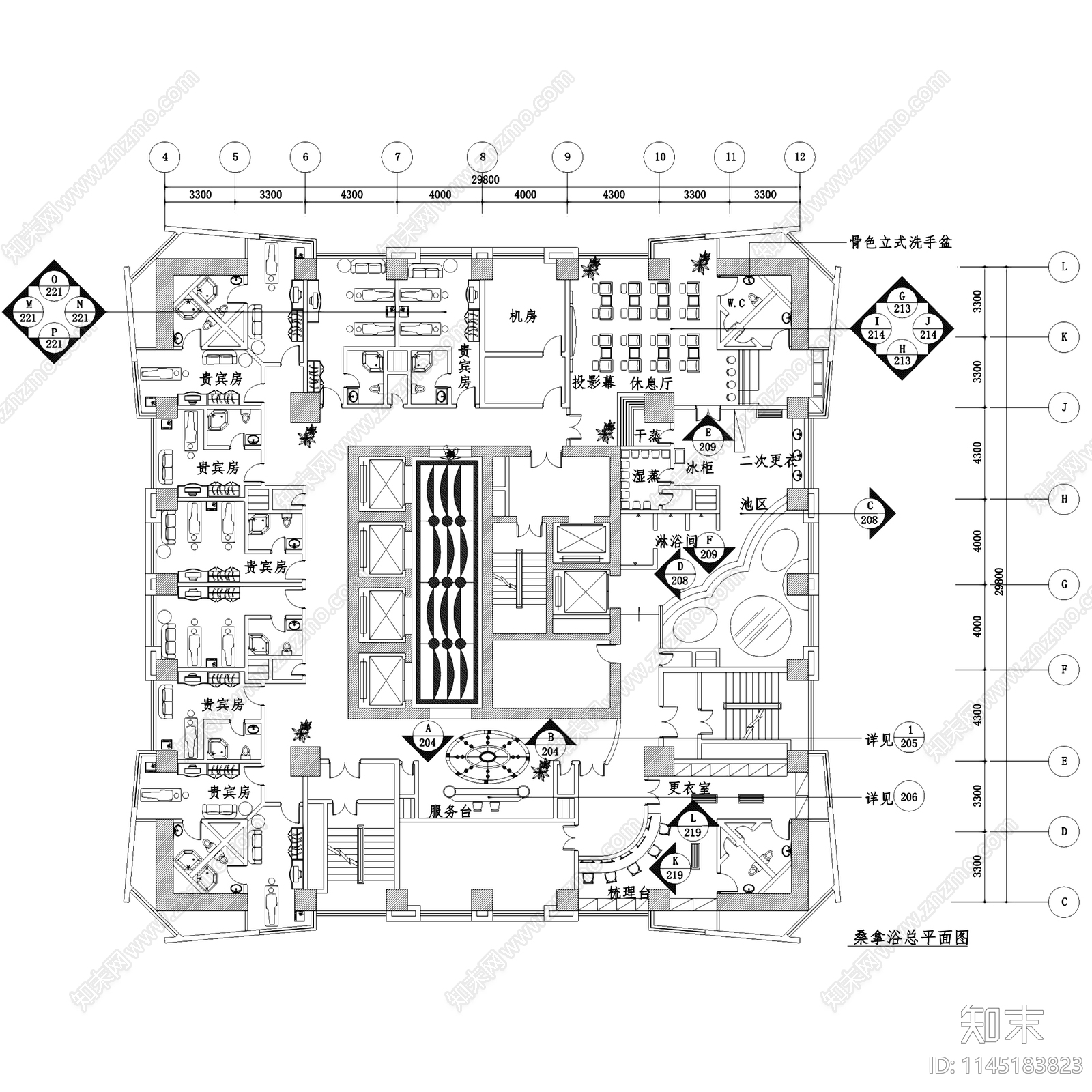 桑拿洗浴室内装饰详图cad施工图下载【ID:1145183823】