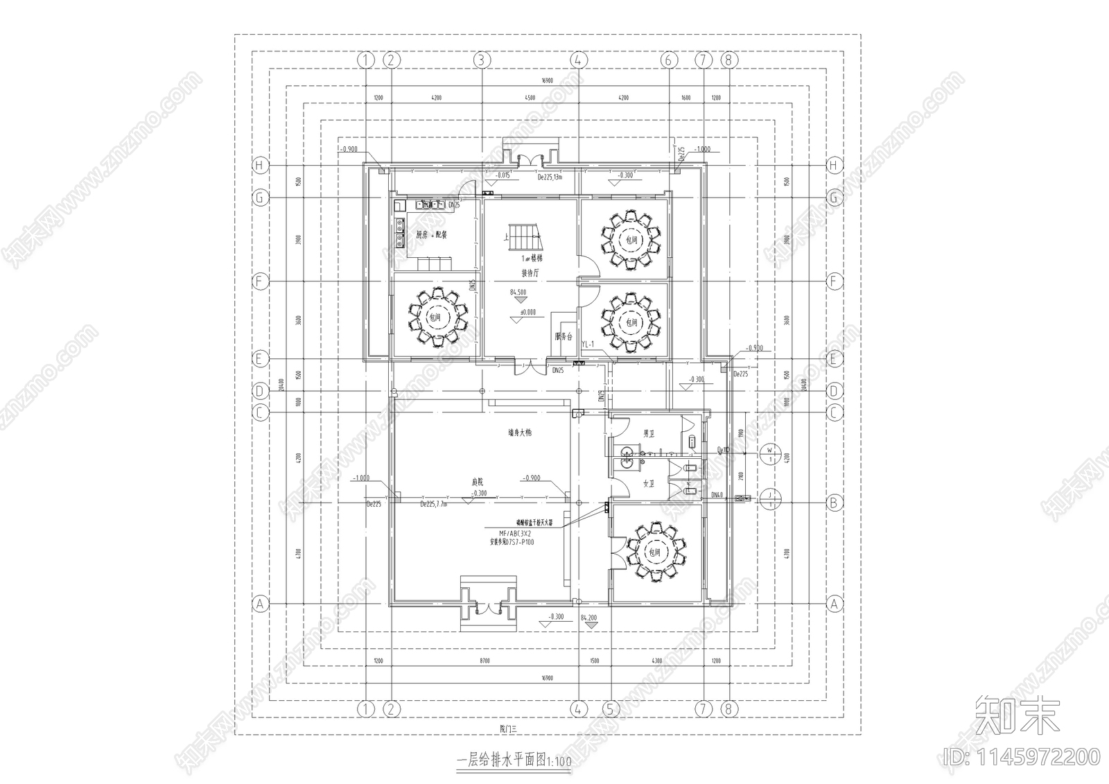 仿古中式民宿建筑给排水设计施工图下载【ID:1145972200】