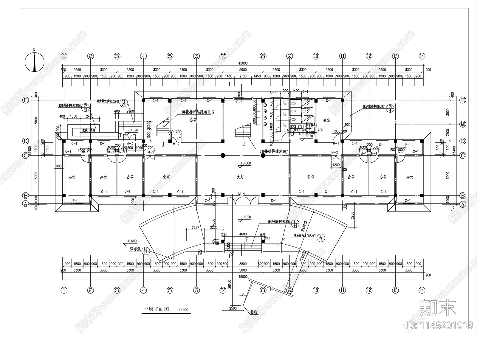 欧式多层办公楼cad施工图下载【ID:1145201913】