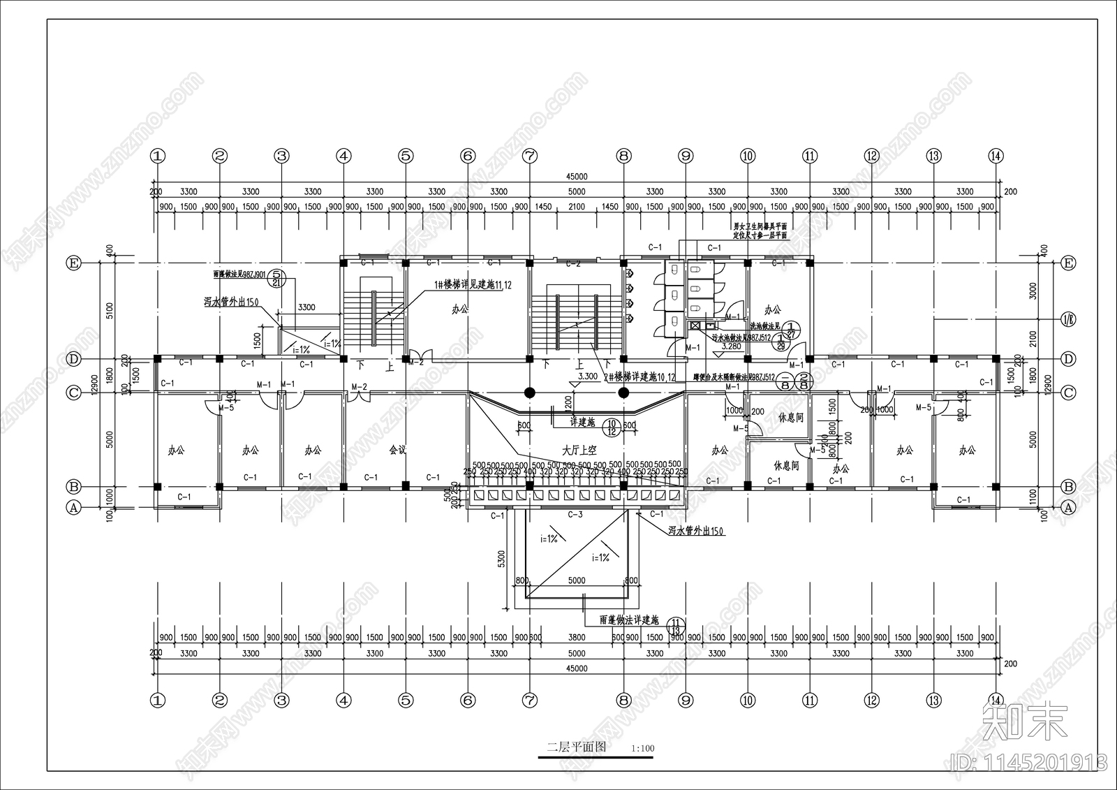 欧式多层办公楼cad施工图下载【ID:1145201913】