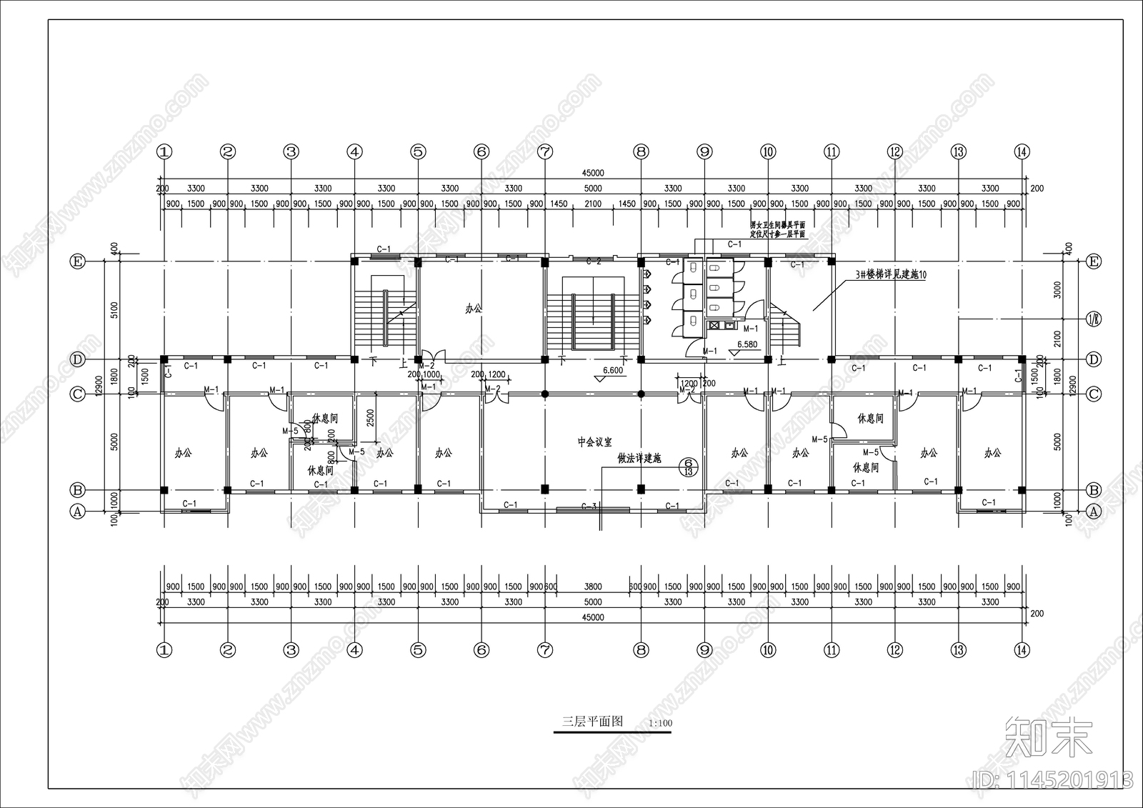 欧式多层办公楼cad施工图下载【ID:1145201913】