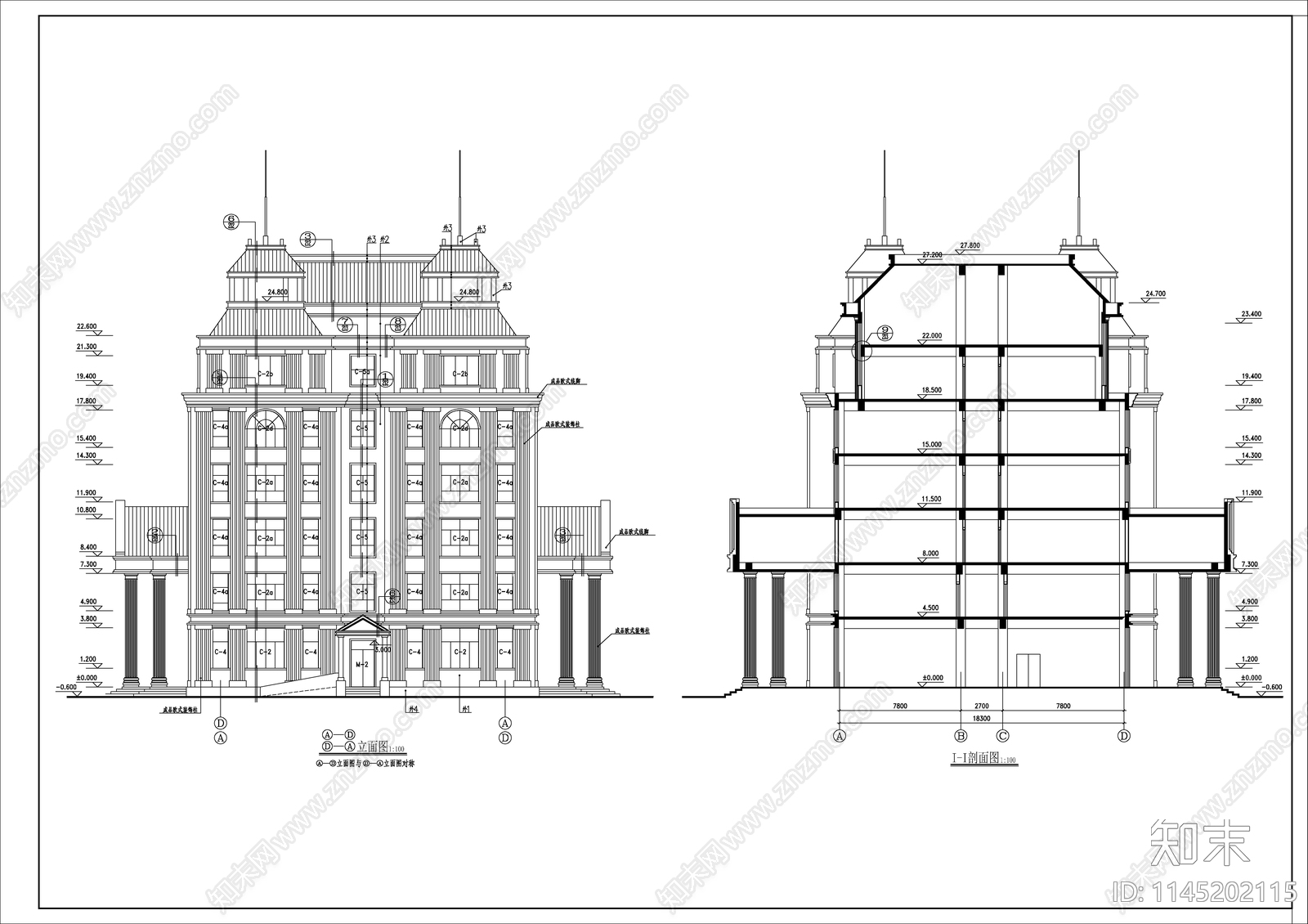 六层欧式办公楼cad施工图下载【ID:1145202115】