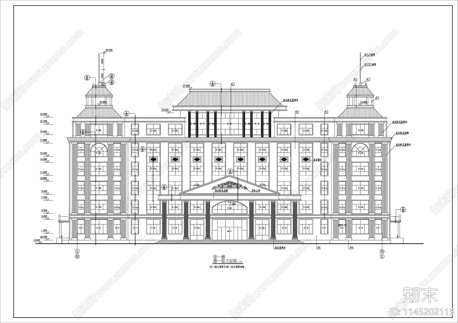 六层欧式办公楼cad施工图下载【ID:1145202115】