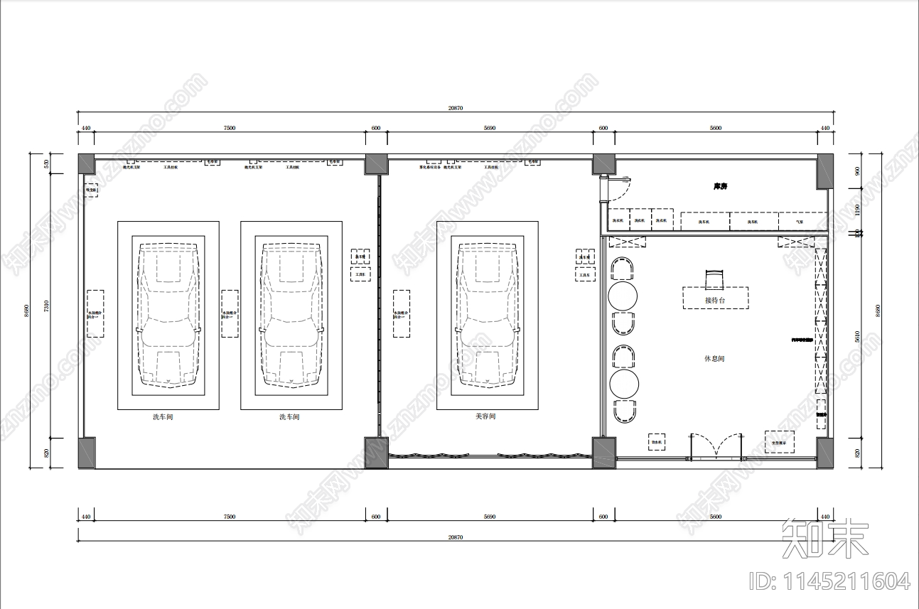 洗车店室内施工图cad施工图下载【ID:1145211604】