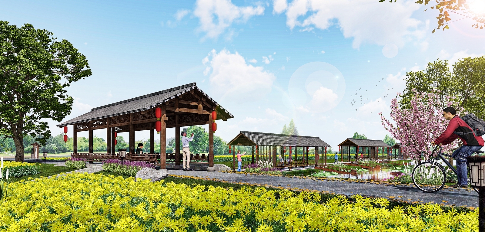 中式乡村廊桥SU模型下载【ID:1145215430】