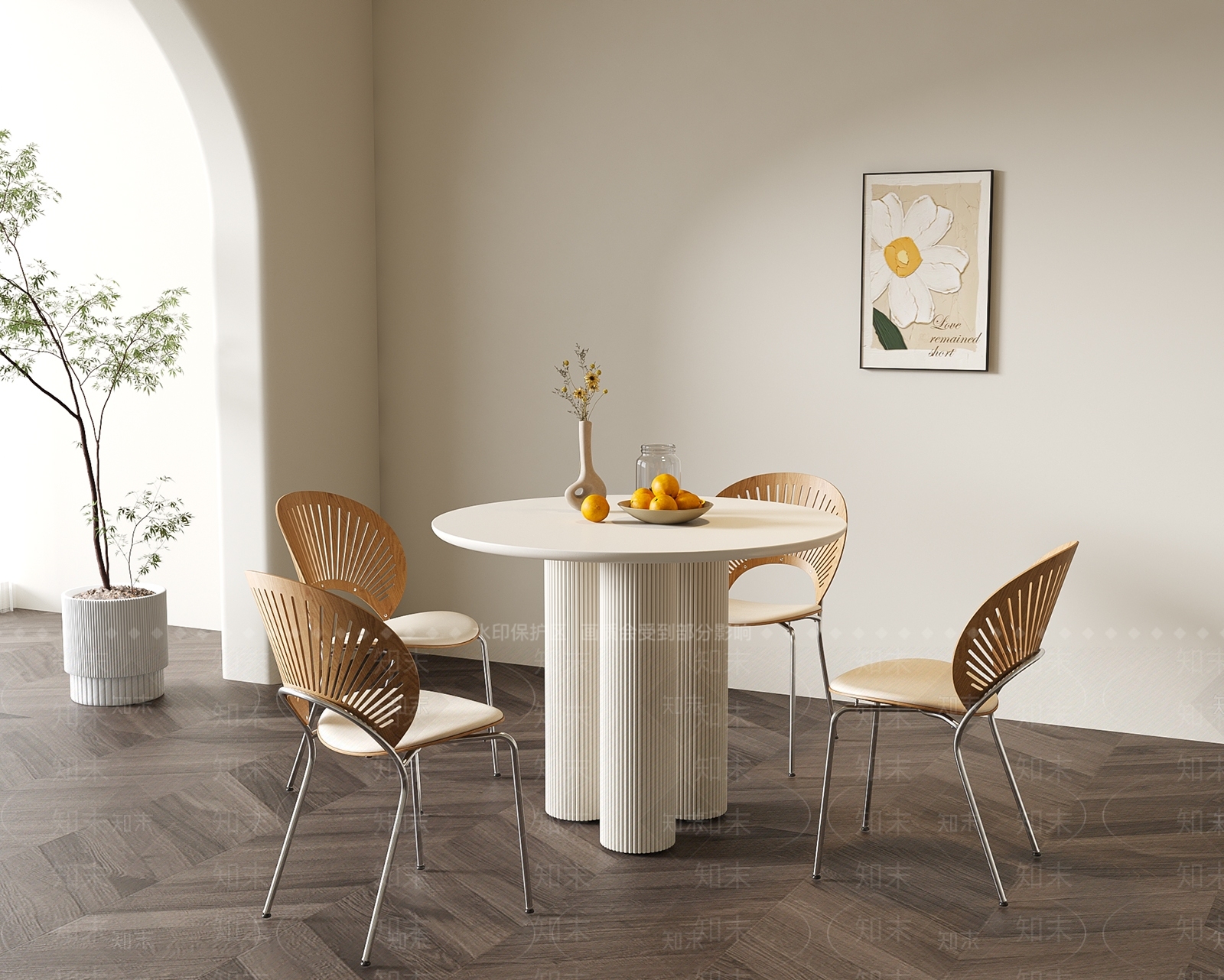现代奶油风餐桌椅组合3D模型下载【ID:1145229394】