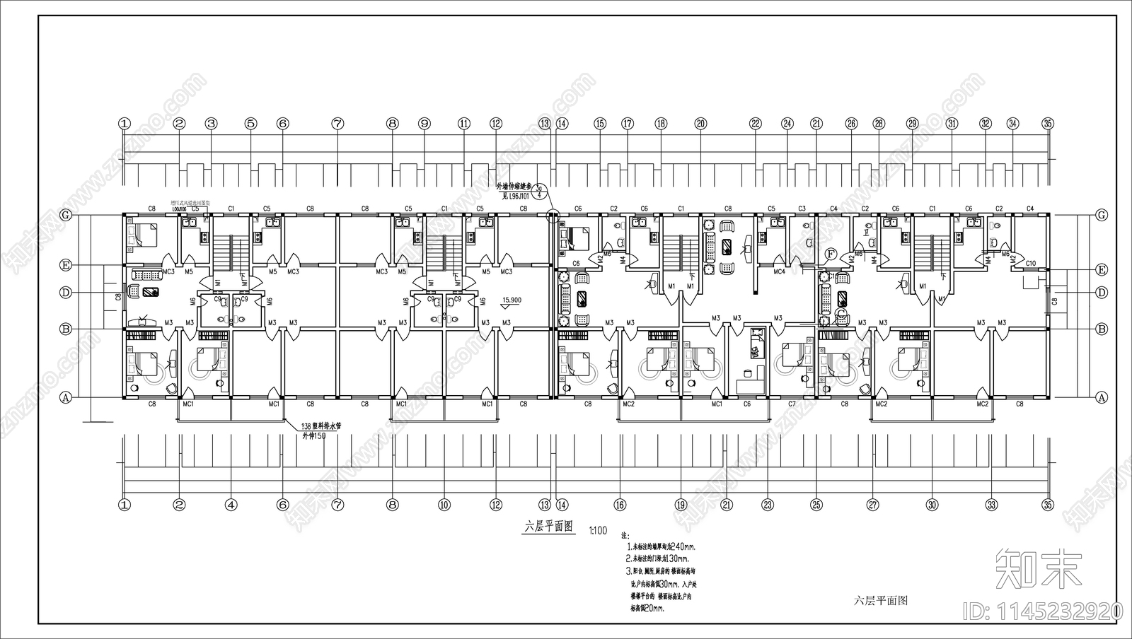 宿舍楼建筑cad施工图下载【ID:1145232920】