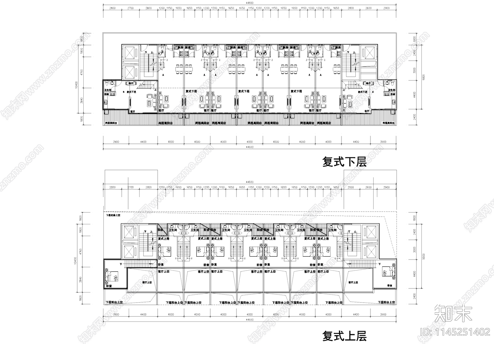 复式公寓平面户型图建筑施工图下载【ID:1145251402】