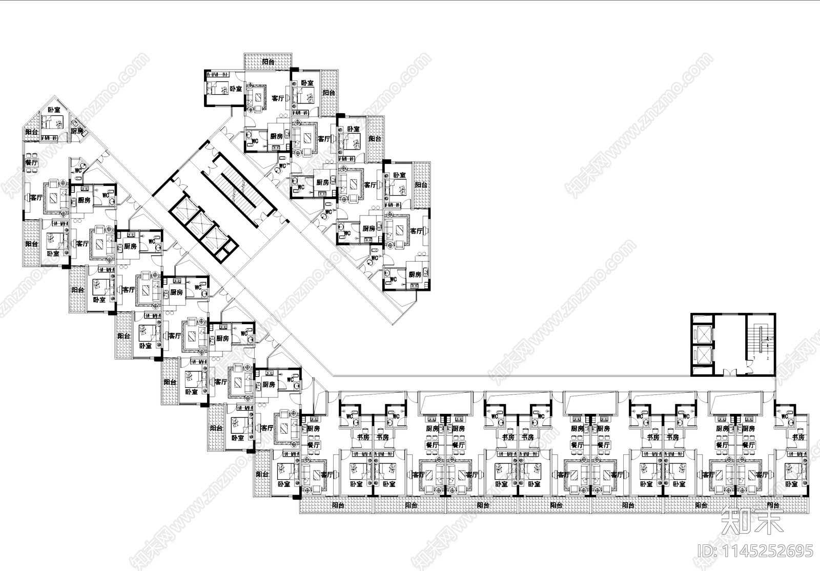 公寓户型图建筑平面施工图下载【ID:1145252695】