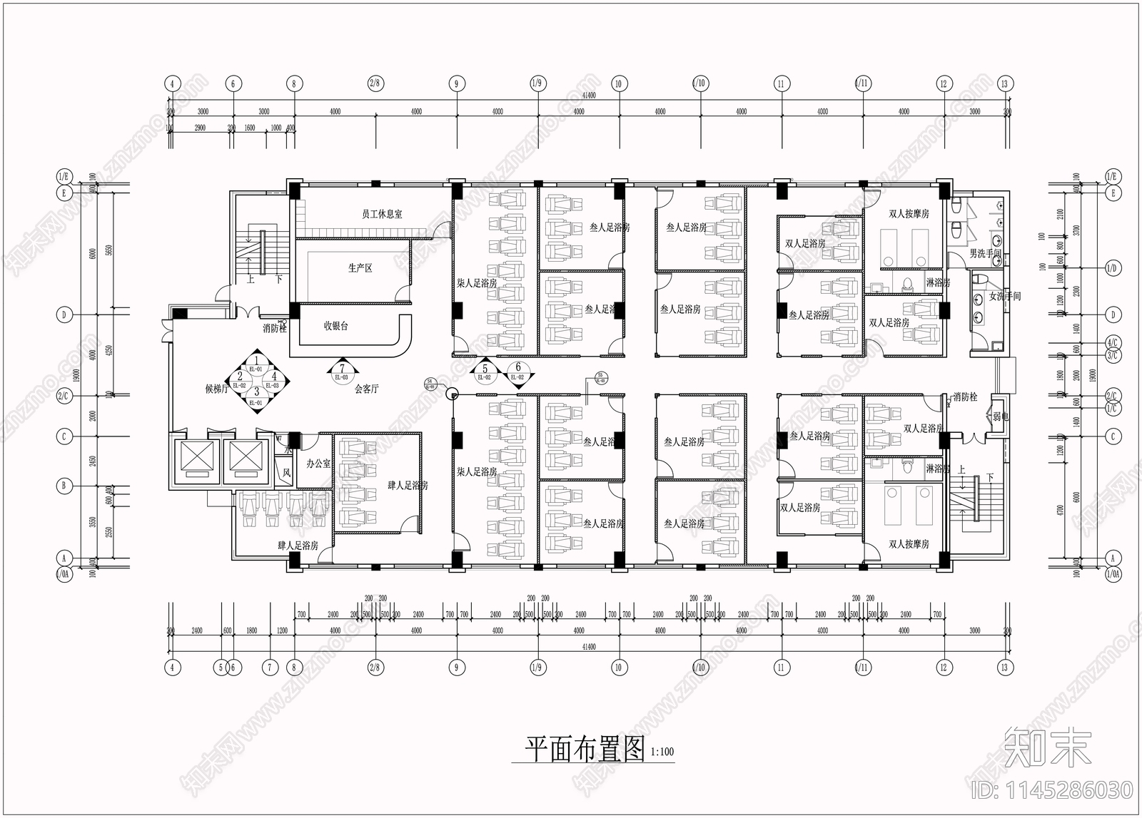 足浴足疗休闲会所室内cad施工图下载【ID:1145286030】