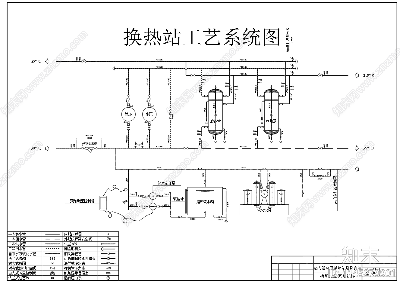 换热站设备管道平面布置图系统图cad施工图下载【ID:1145279901】