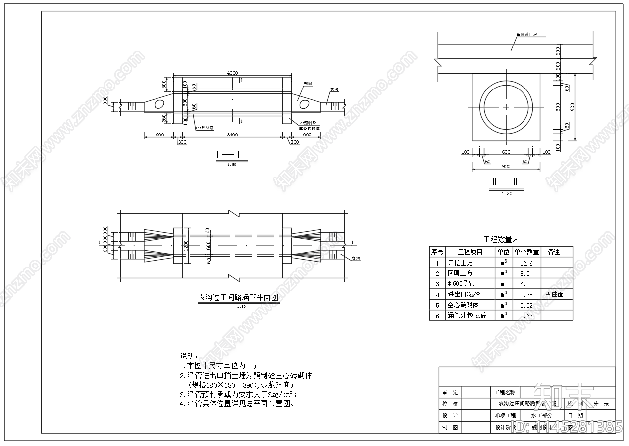 农田水利过路涵管设计图cad施工图下载【ID:1145281385】