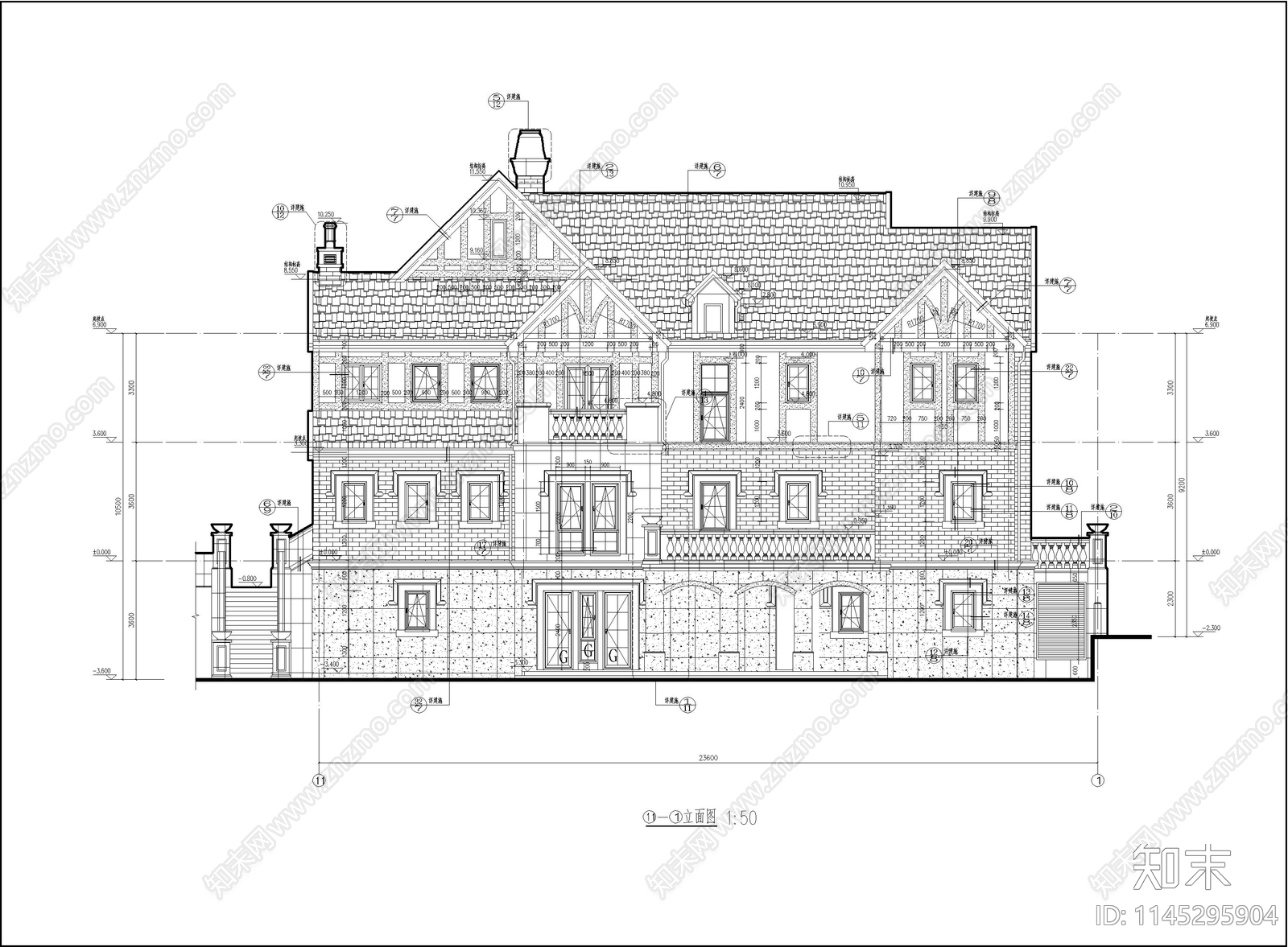 欧式别墅建筑cad施工图下载【ID:1145295904】