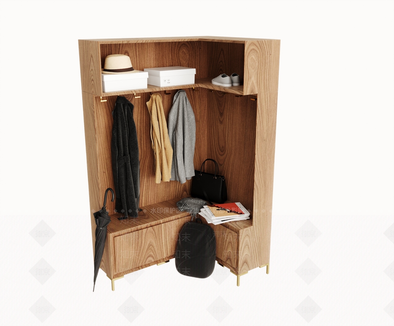 现代实木转角多功能衣柜3D模型下载【ID:1145299262】