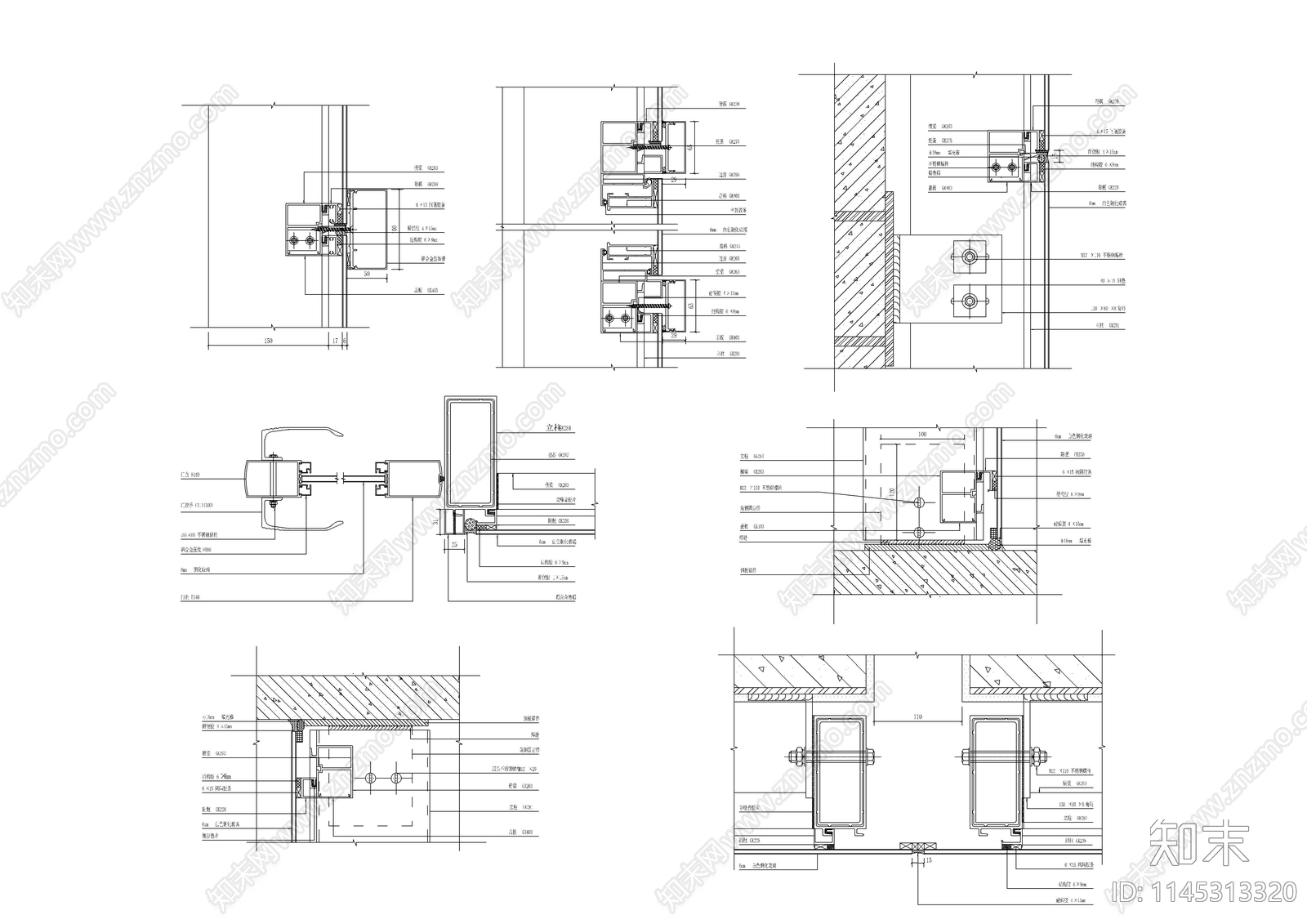 吊挂式全玻璃幕墙节点cad施工图下载【ID:1145313320】