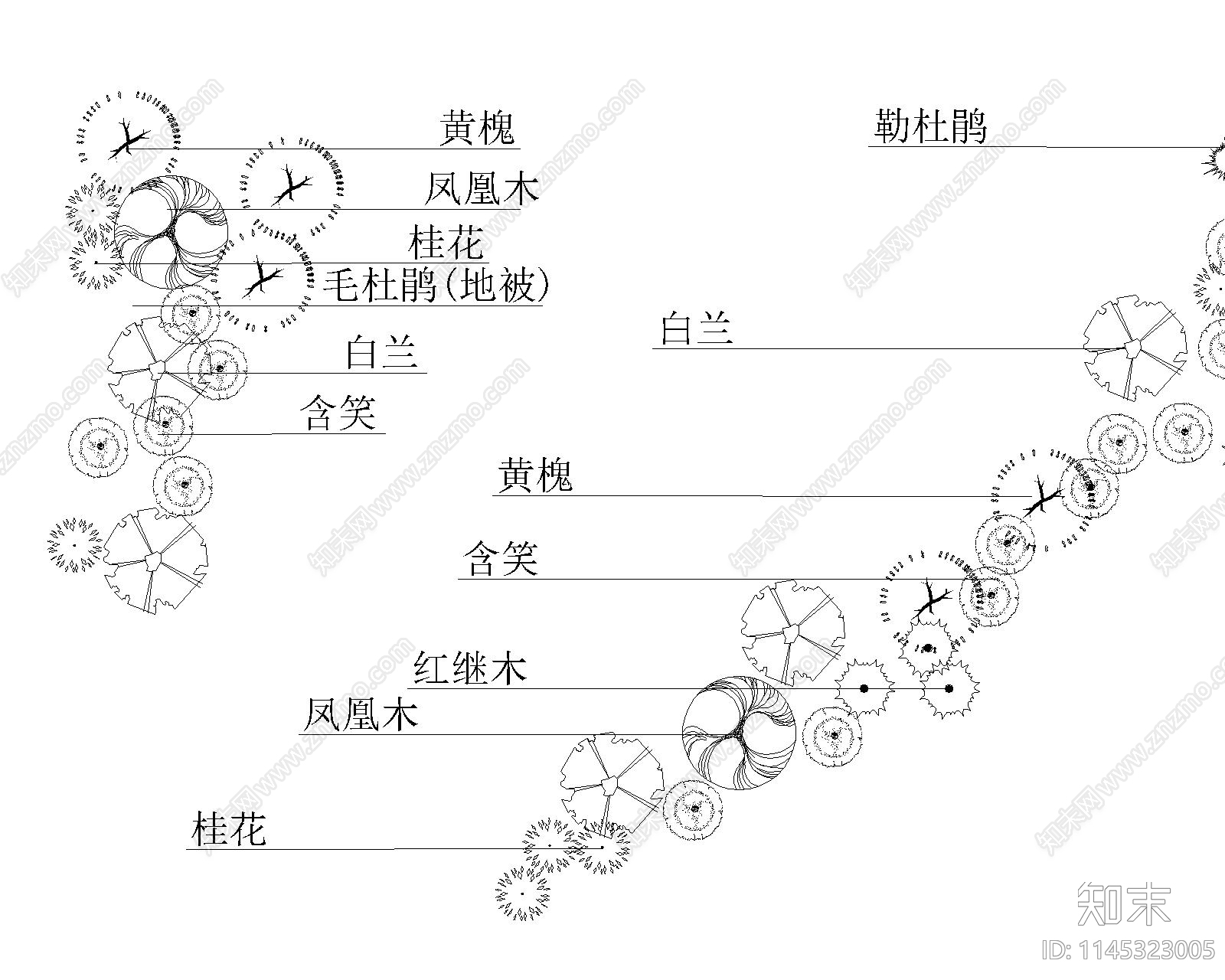 公园绿化配置树木图例施工图下载【ID:1145323005】