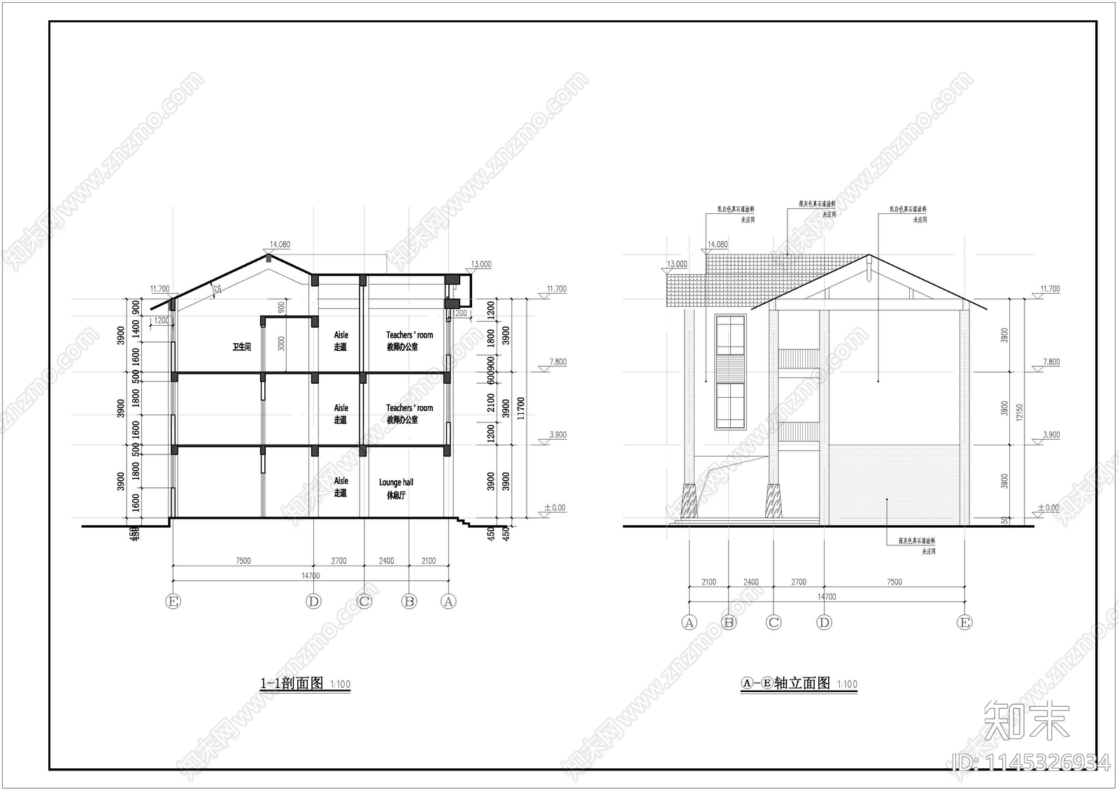 教学楼cad施工图下载【ID:1145326934】