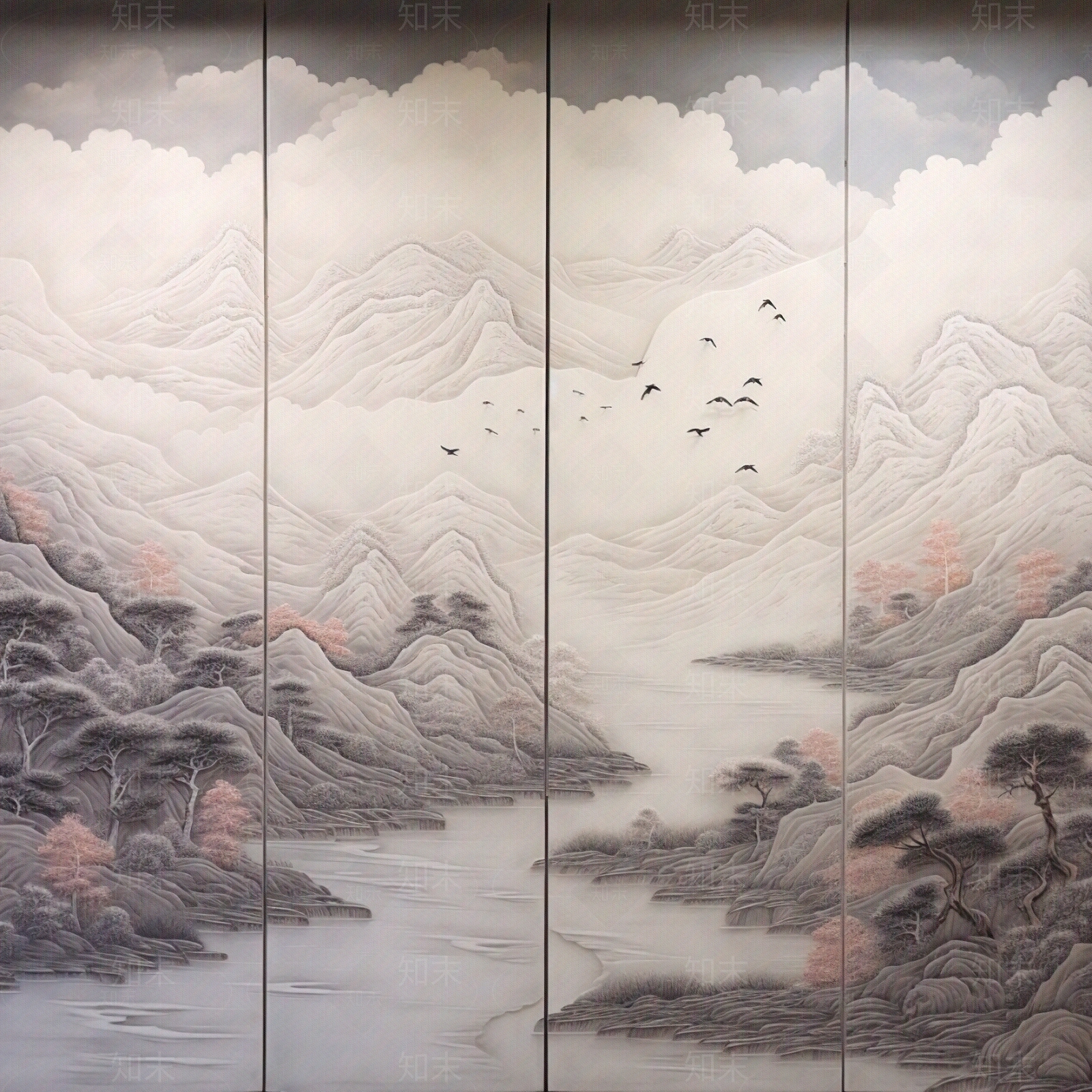 中式山水浮雕硬包贴图下载【ID:1145367436】_【知末网贴图库】