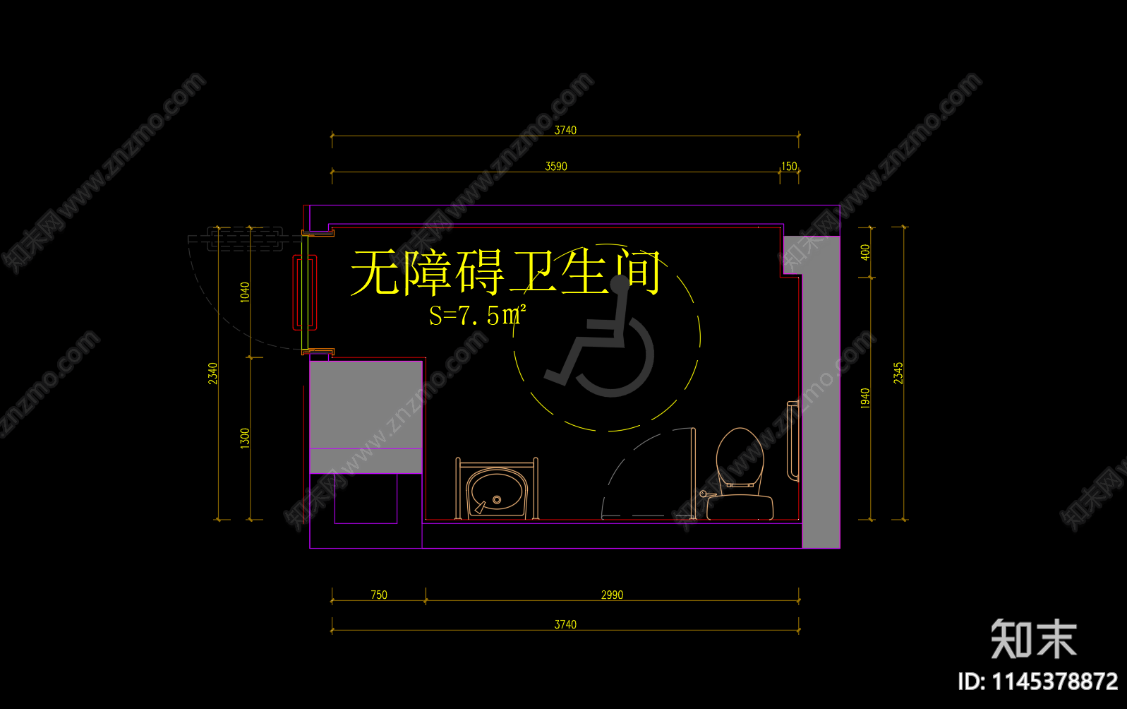 无障碍卫生间平面施工图下载【ID:1145378872】