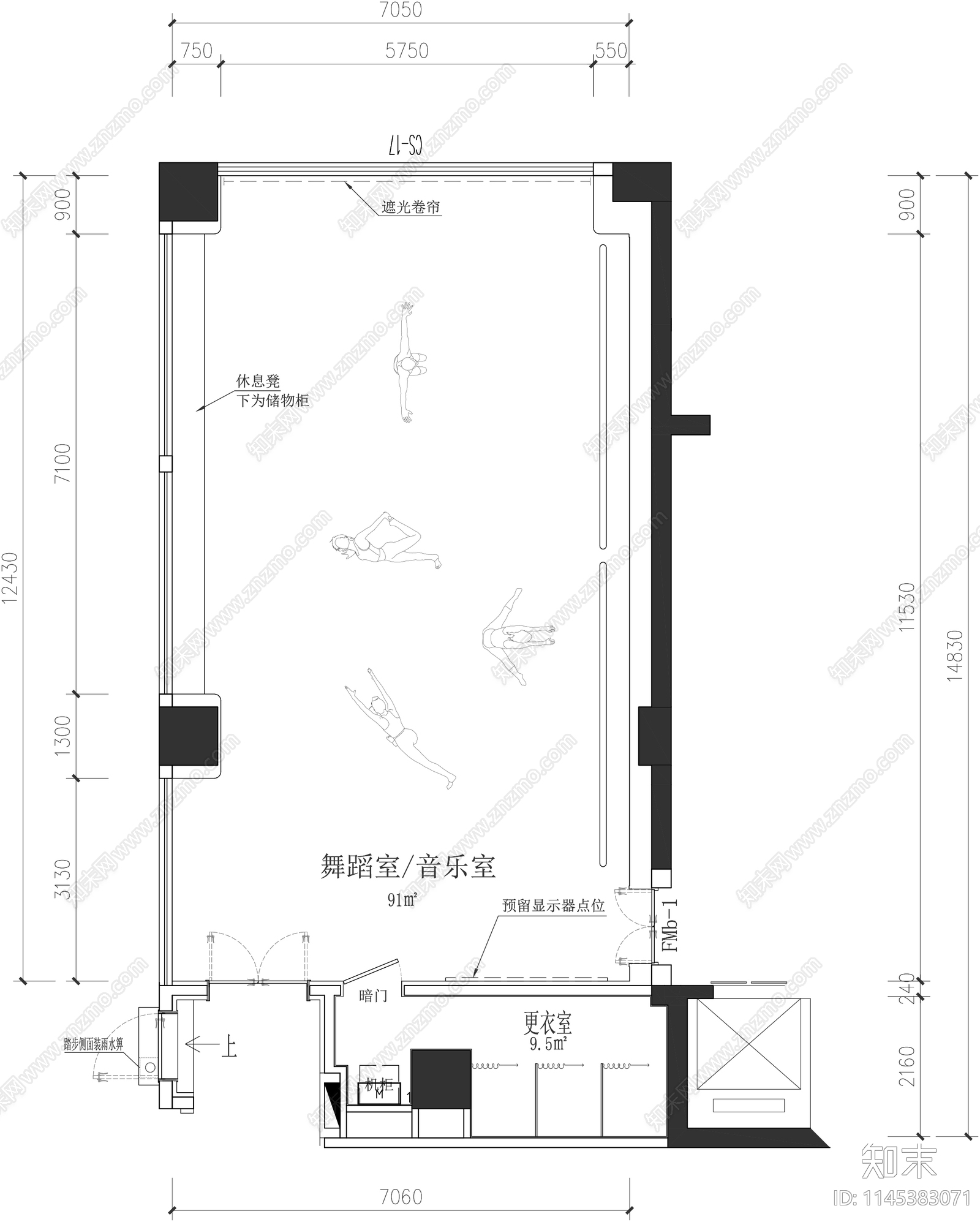 舞蹈室音乐市平面cad施工图下载【ID:1145383071】