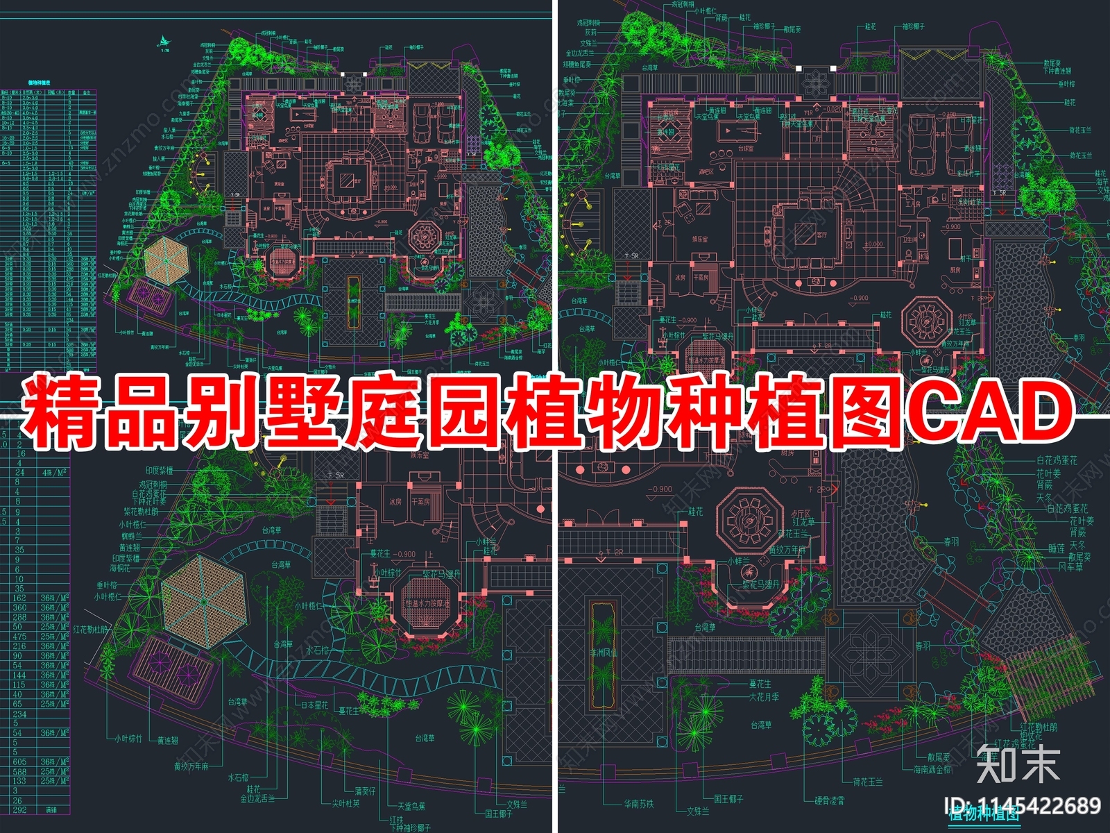 精品别墅庭园植物种植图CAD施工图下载【ID:1145422689】