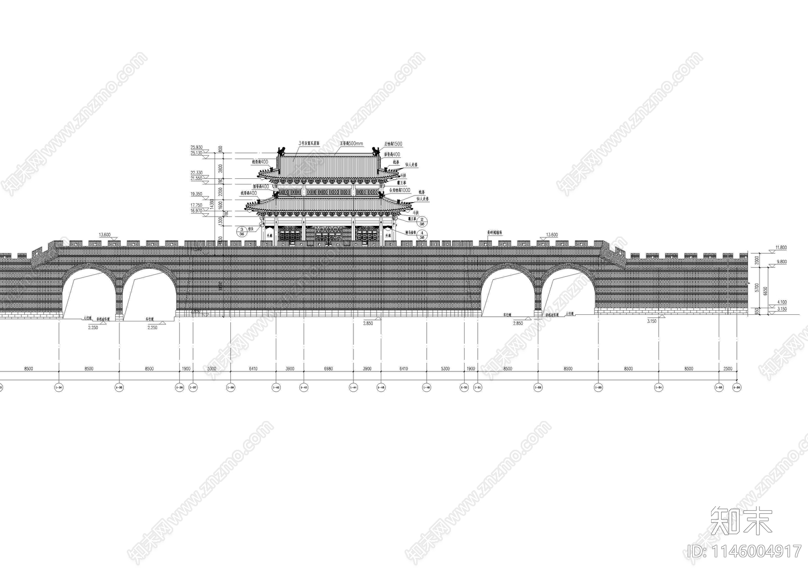 古城区古代城楼建筑cad施工图下载【ID:1146004917】