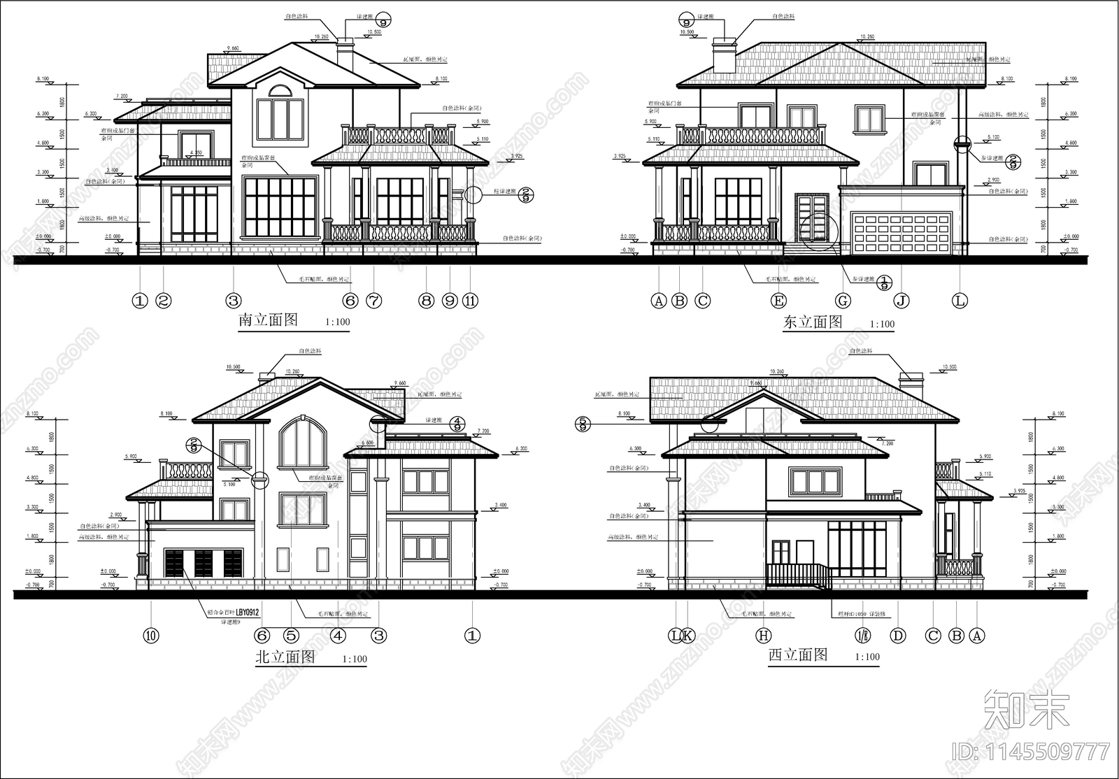 三层欧式别墅建筑图cad施工图下载【ID:1145509777】