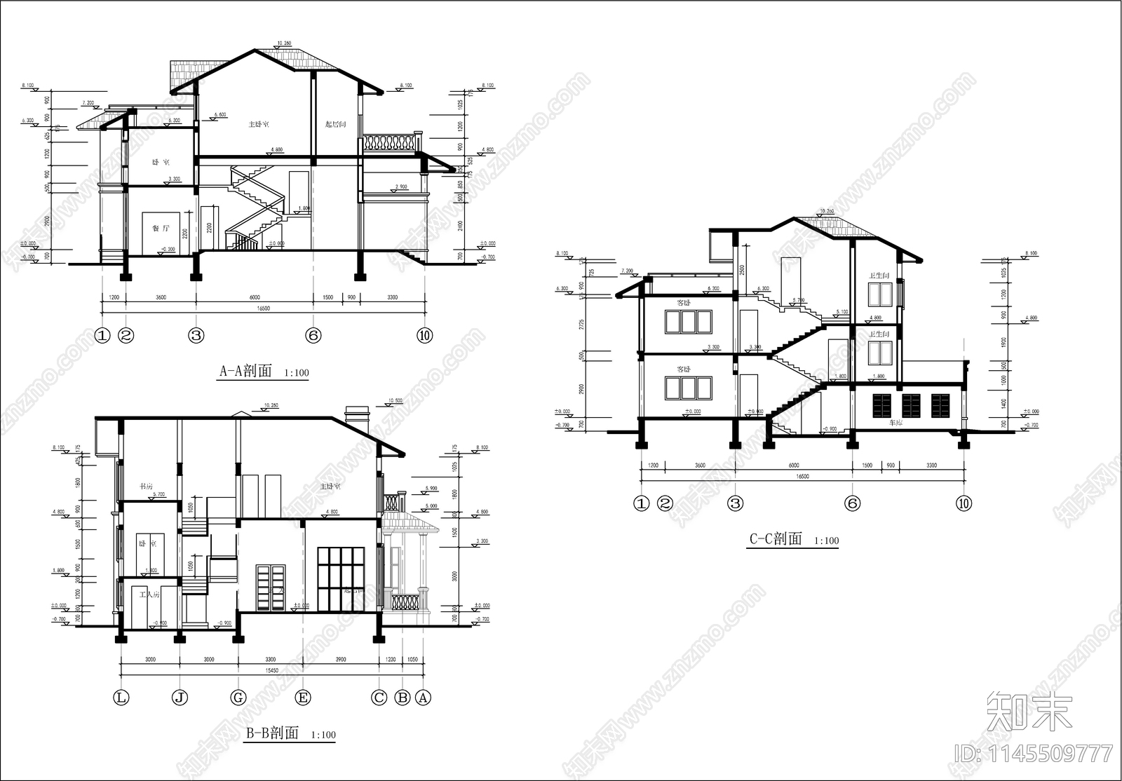 三层欧式别墅建筑图cad施工图下载【ID:1145509777】