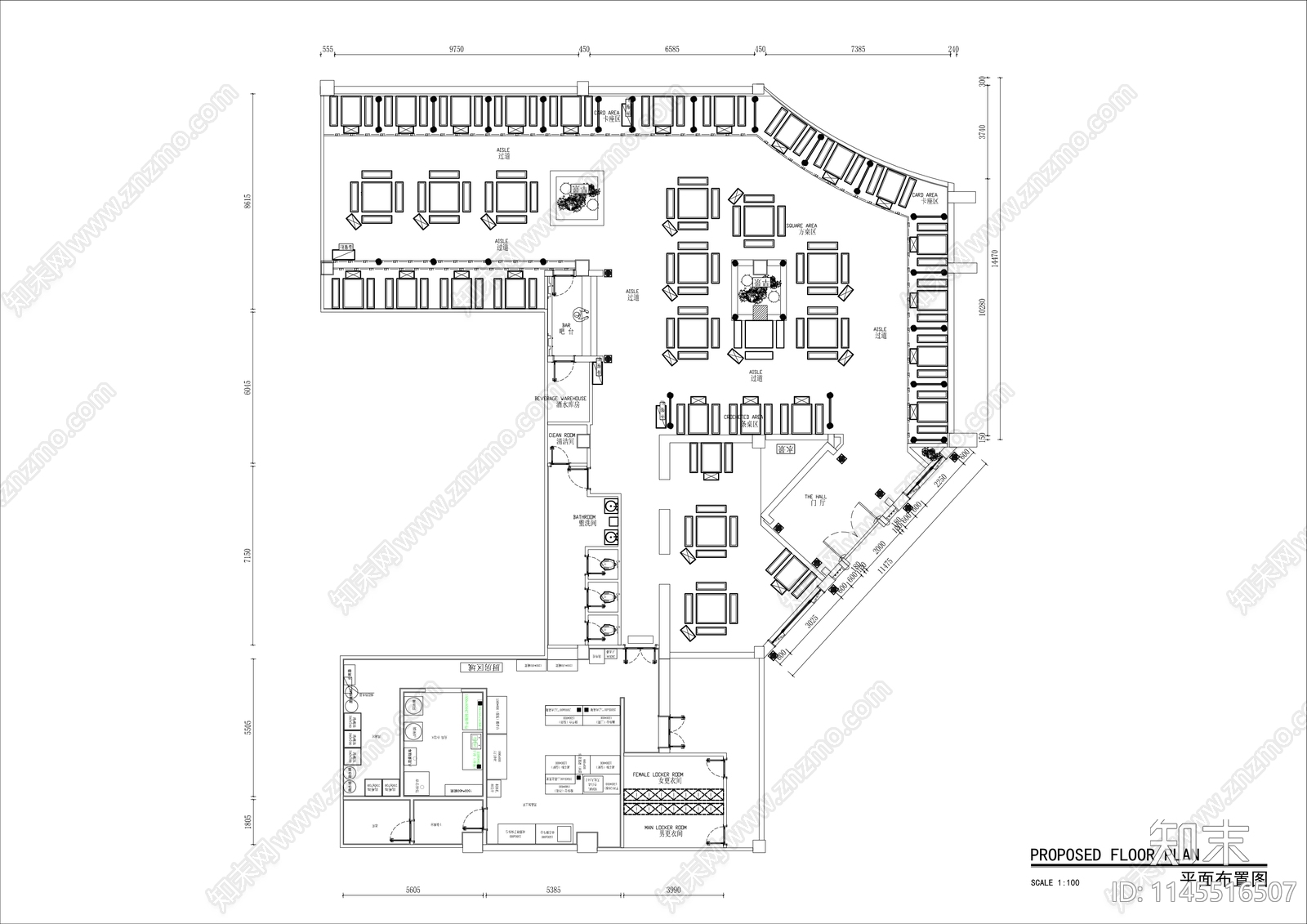 中式火锅店平面布局cad施工图下载【ID:1145516507】