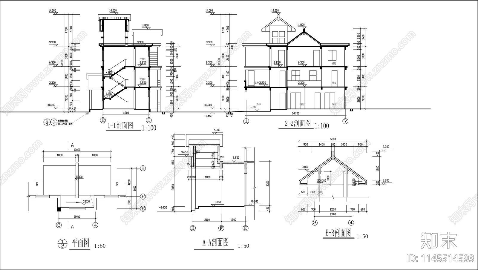 现代简欧风格别墅建筑图cad施工图下载【ID:1145514593】