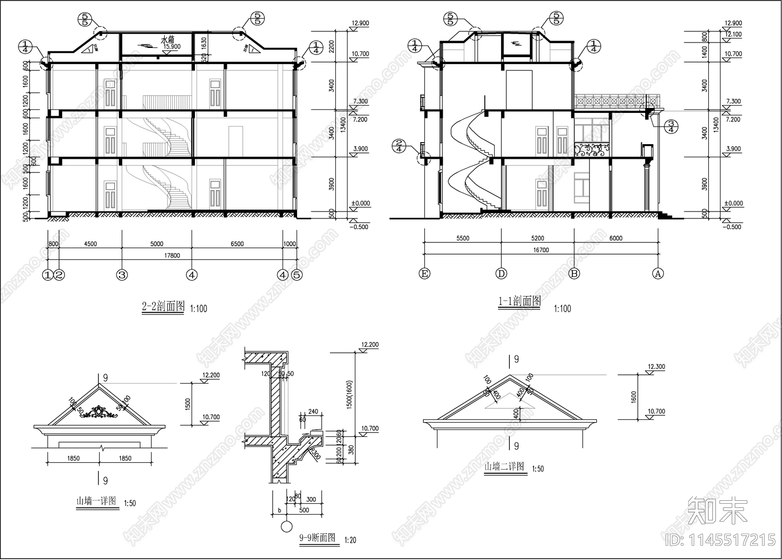 140平米欧式别墅建筑cad施工图下载【ID:1145517215】