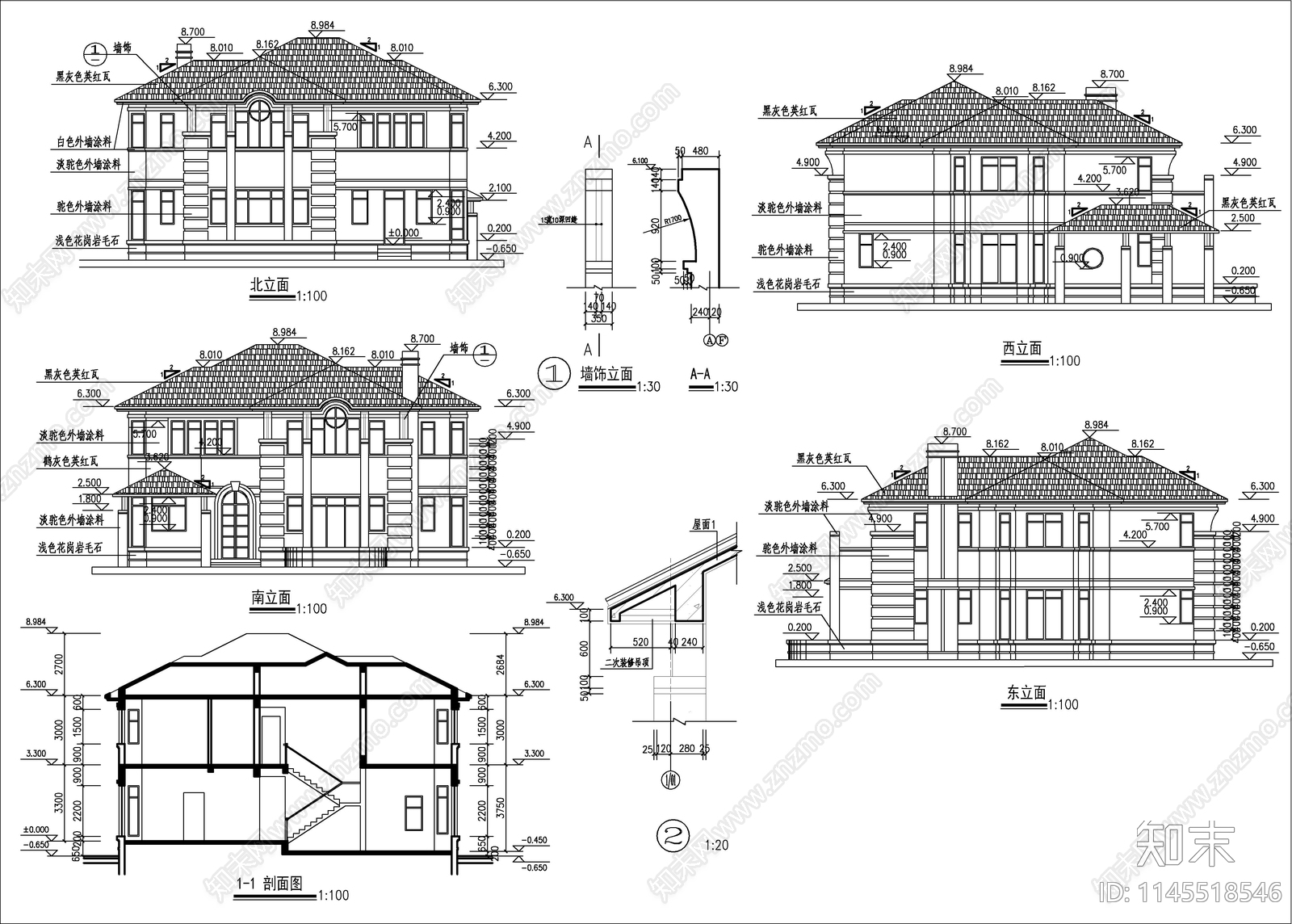 二层欧式别墅建筑cad施工图下载【ID:1145518546】