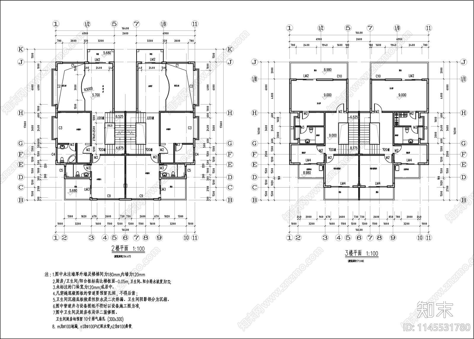 230平米双拼三层简欧别墅建施图cad施工图下载【ID:1145531780】