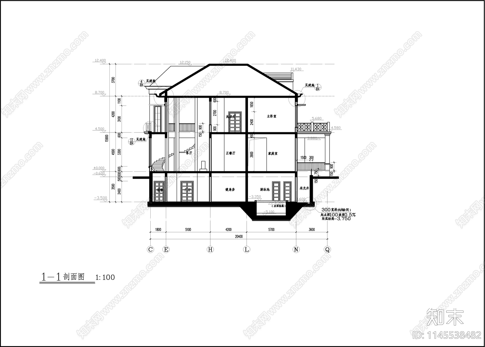 高档欧式别墅建筑图cad施工图下载【ID:1145538482】