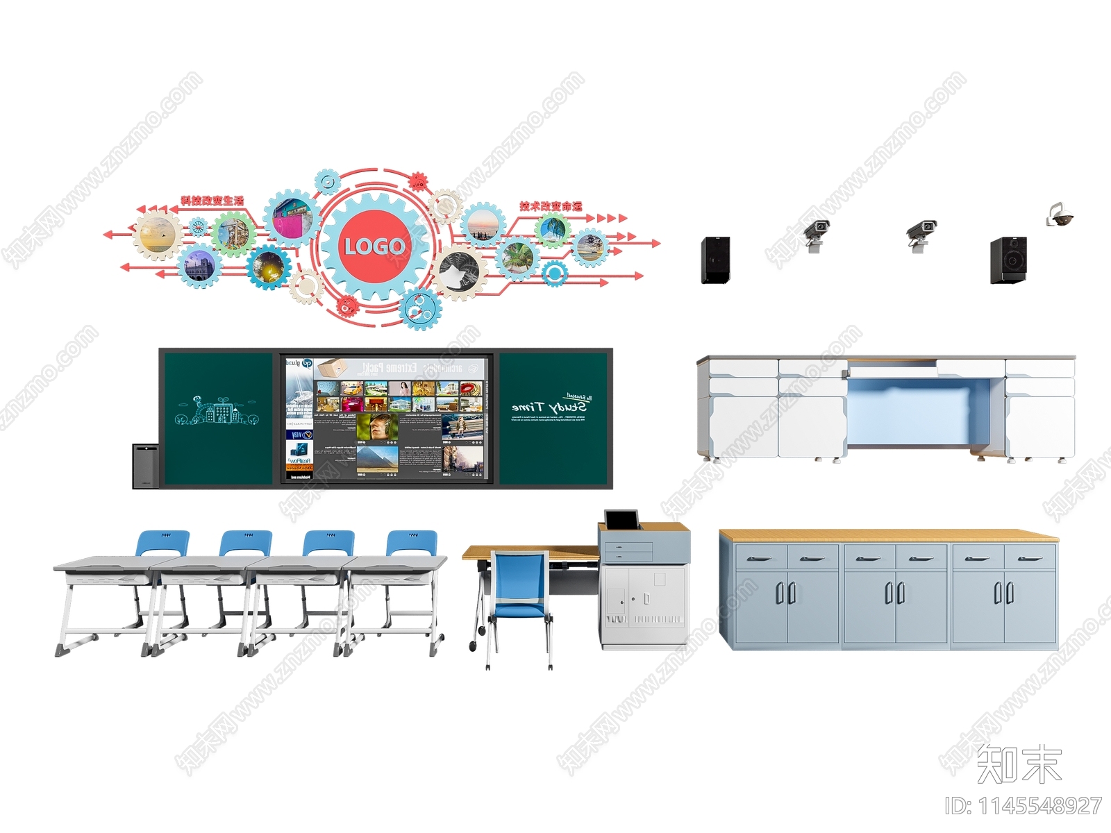 现代教室书桌椅组合3D模型下载【ID:1145548927】