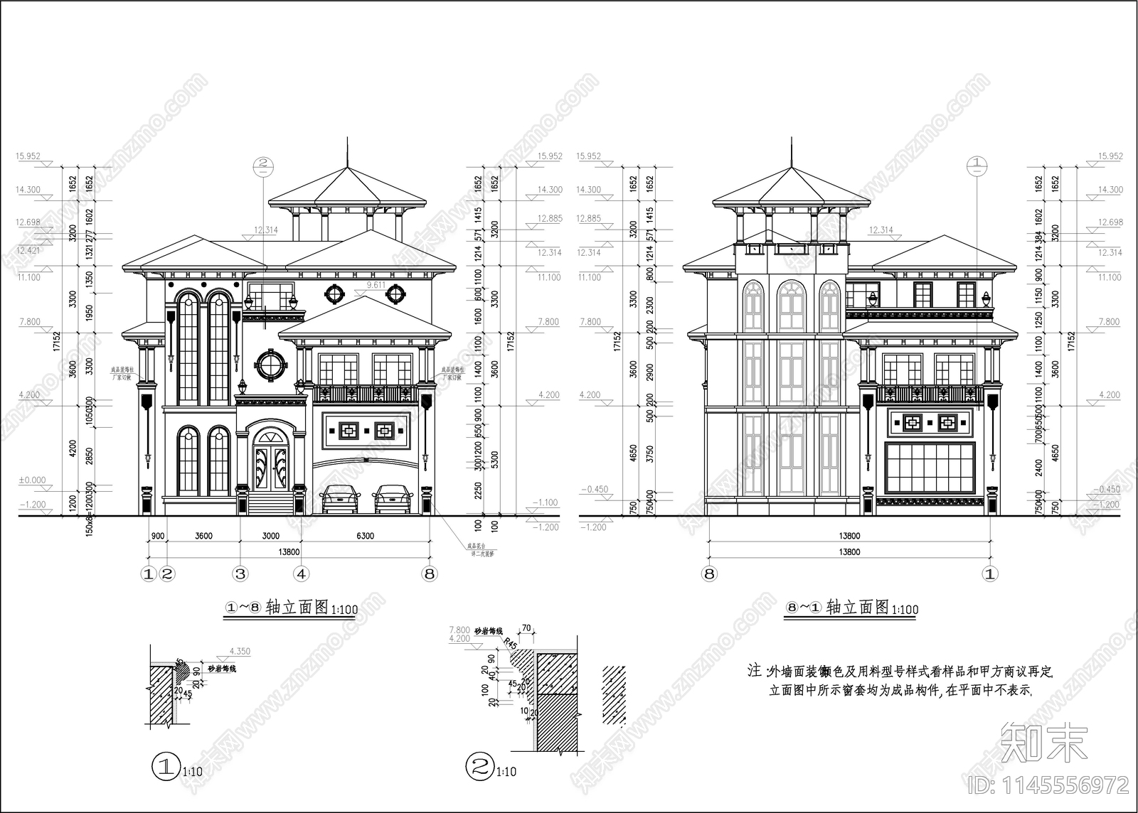 私人欧式别墅建筑cad施工图下载【ID:1145556972】