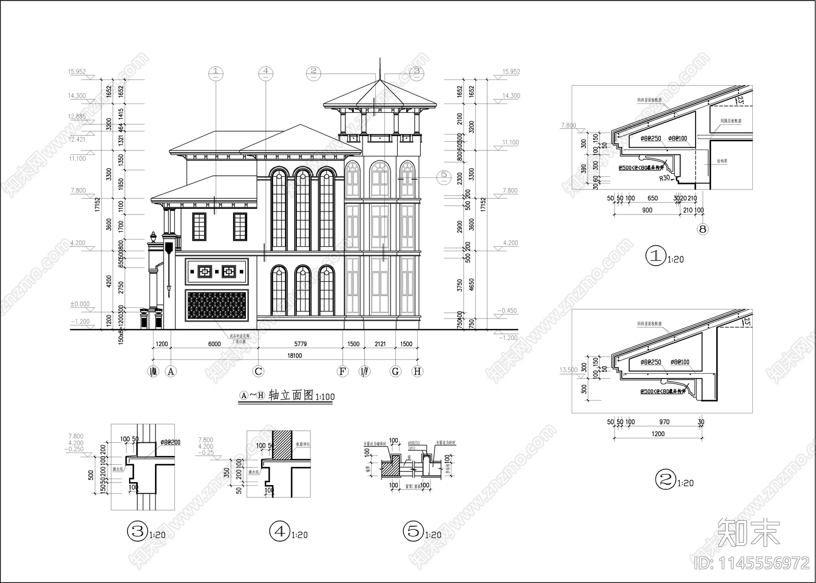 私人欧式别墅建筑cad施工图下载【ID:1145556972】