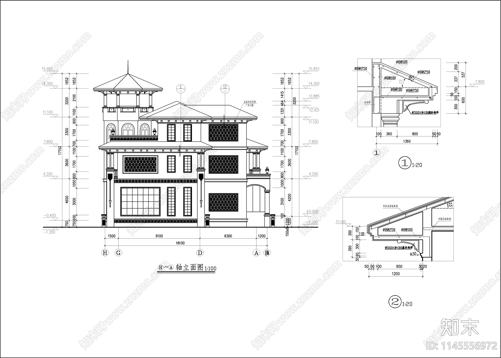 私人欧式别墅建筑cad施工图下载【ID:1145556972】