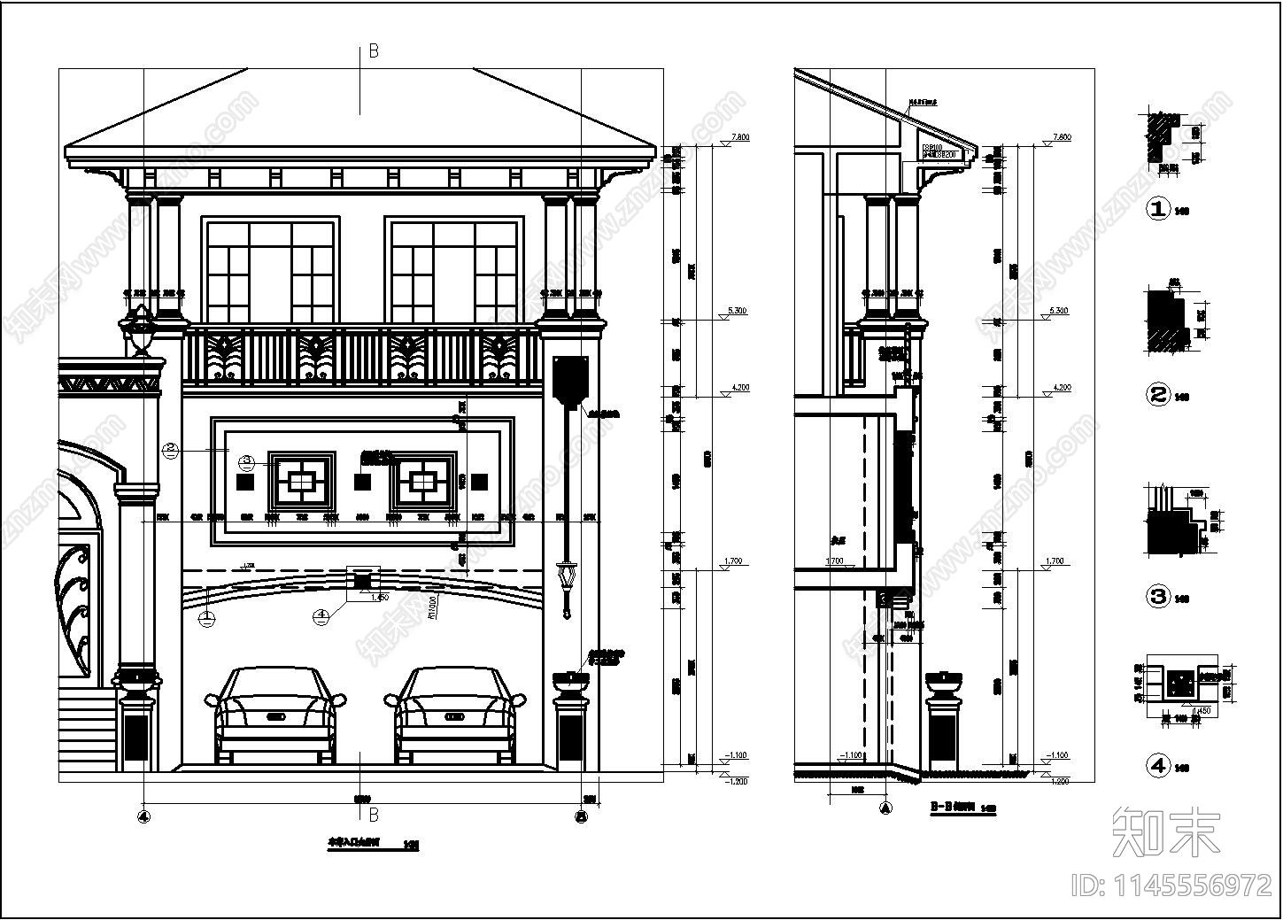 私人欧式别墅建筑cad施工图下载【ID:1145556972】