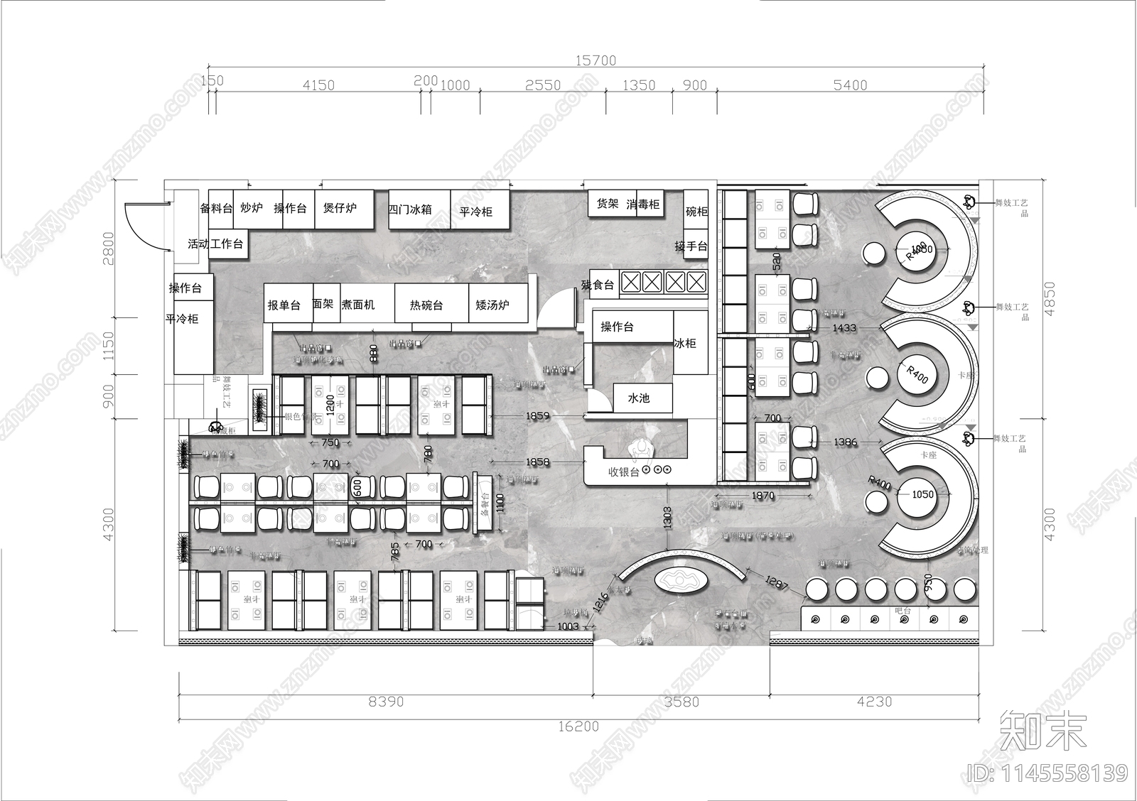 300㎡快餐店平面布置方案施工图下载【ID:1145558139】