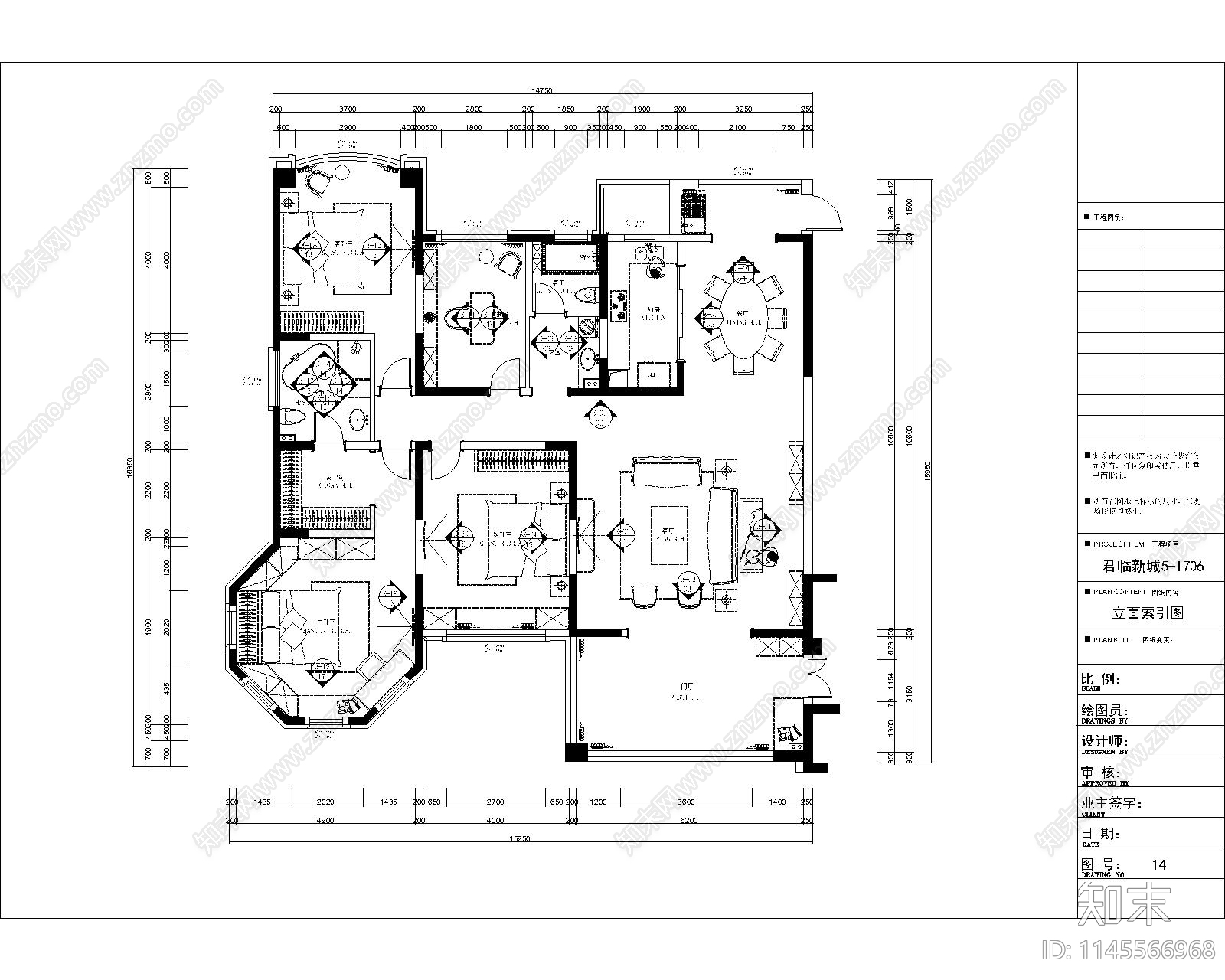 欧式风格家装案例室内cad施工图下载【ID:1145566968】