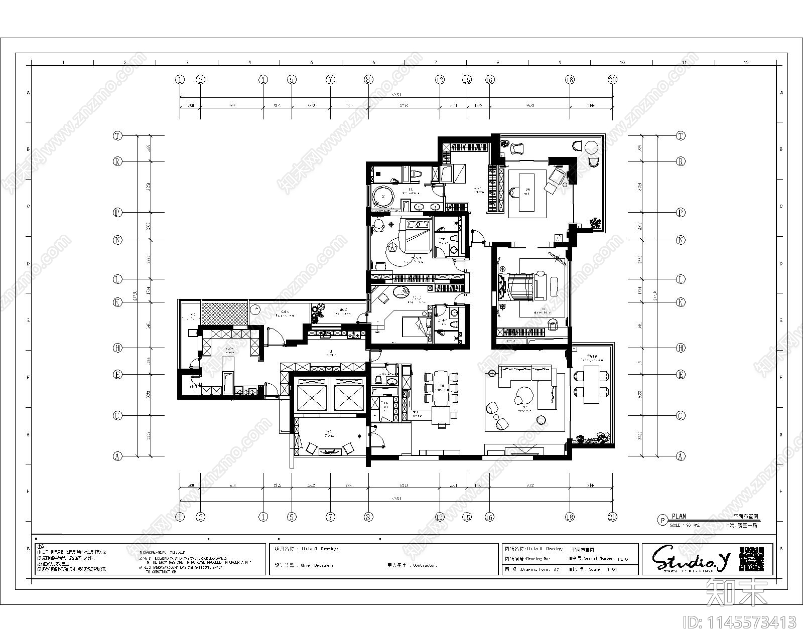 现代家装豪宅室内cad施工图下载【ID:1145573413】