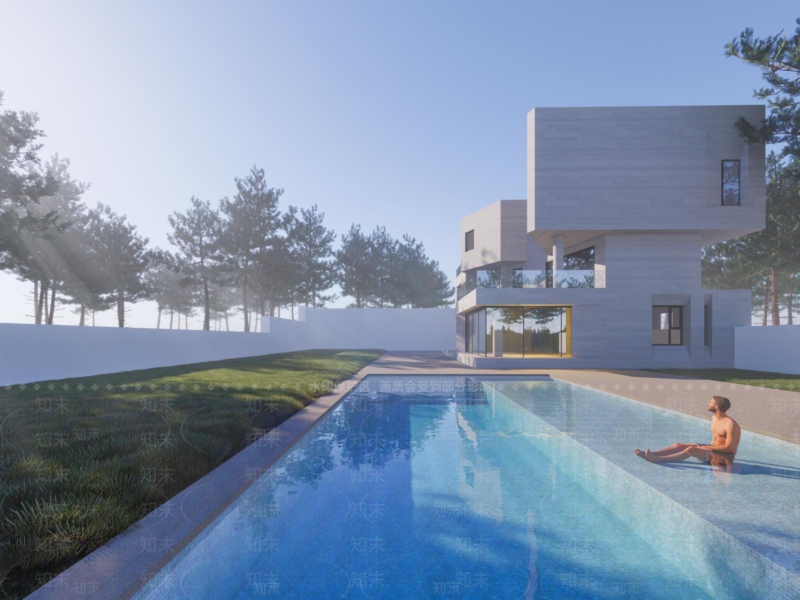 现代独栋别墅户外泳池SU模型下载【ID:1145588452】
