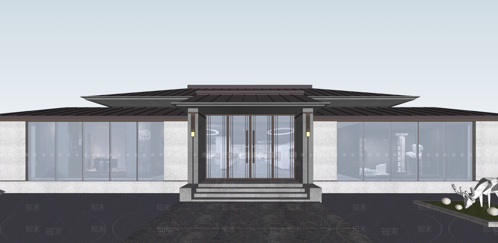 新中式会所建筑SU模型下载【ID:1145589782】